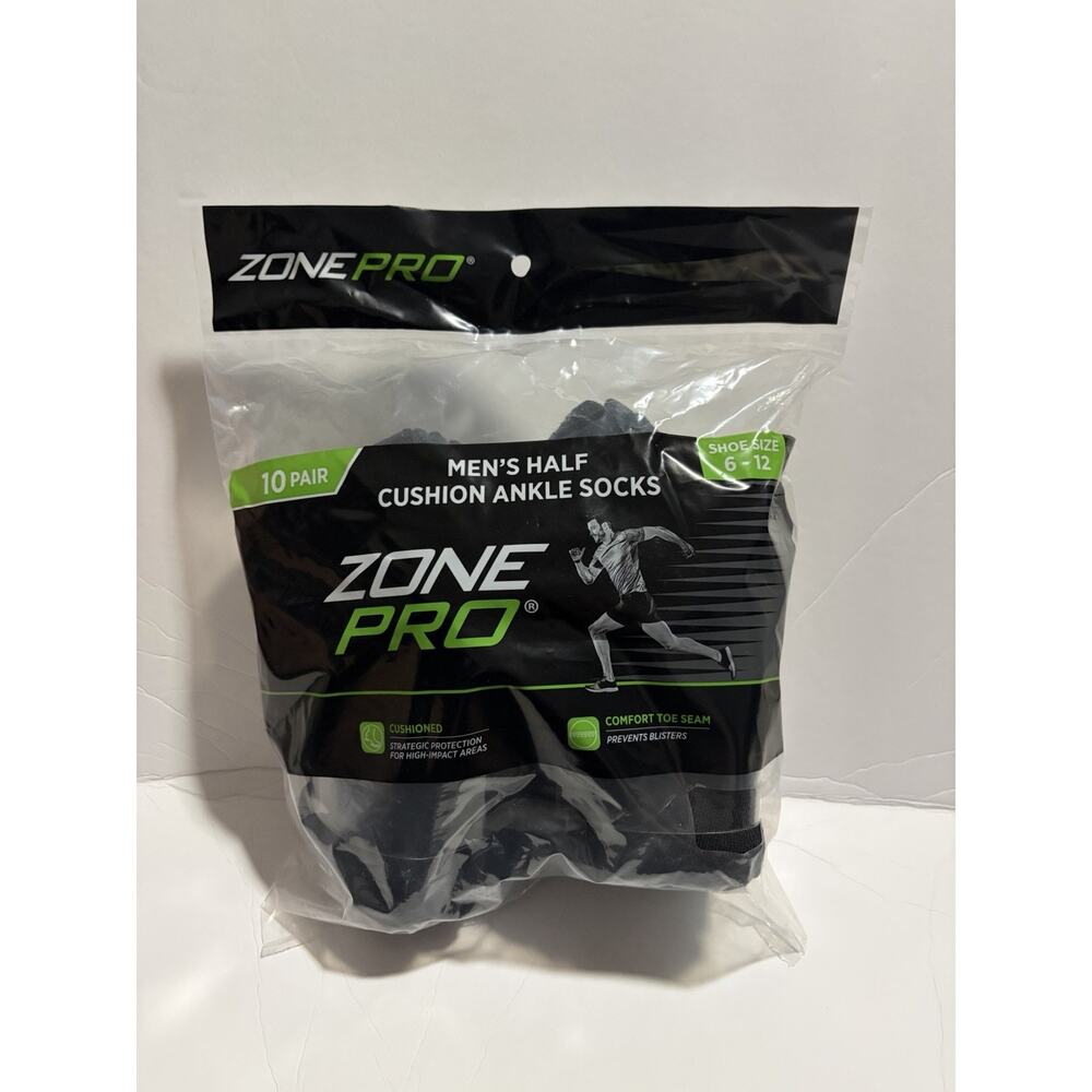 Zone Pro Men’s Cushion Ankle Socks 10 Pair Black Size 6-12 Athletic Comfort NEW